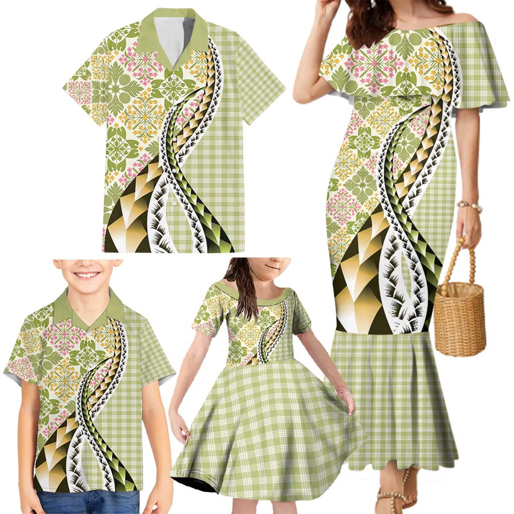 Aloha Vintage Palaka Floral Hawaiian Quilt Family Matching Mermaid Dress and Hawaiian Shirt Omaomao Motif LT9 - Polynesian Pride