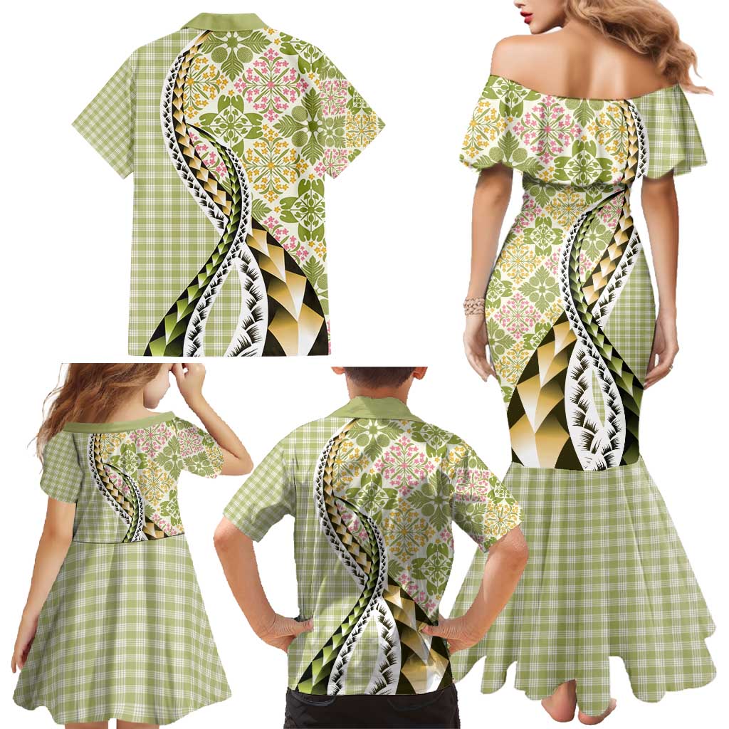 Aloha Vintage Palaka Floral Hawaiian Quilt Family Matching Mermaid Dress and Hawaiian Shirt Omaomao Motif LT9 - Polynesian Pride