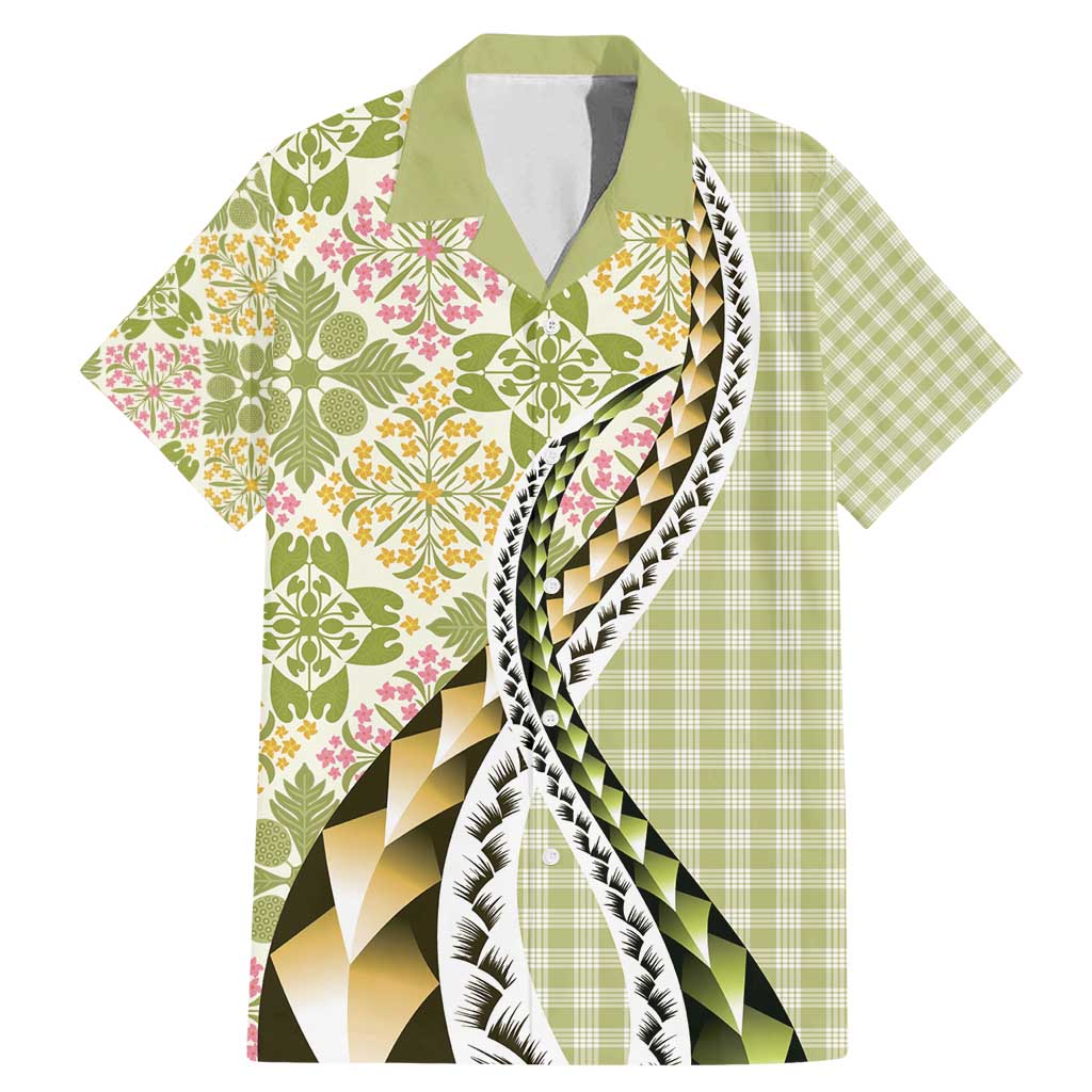 Aloha Vintage Palaka Floral Hawaiian Quilt Family Matching Mermaid Dress and Hawaiian Shirt Omaomao Motif LT9 Dad's Shirt - Short Sleeve Lime - Polynesian Pride