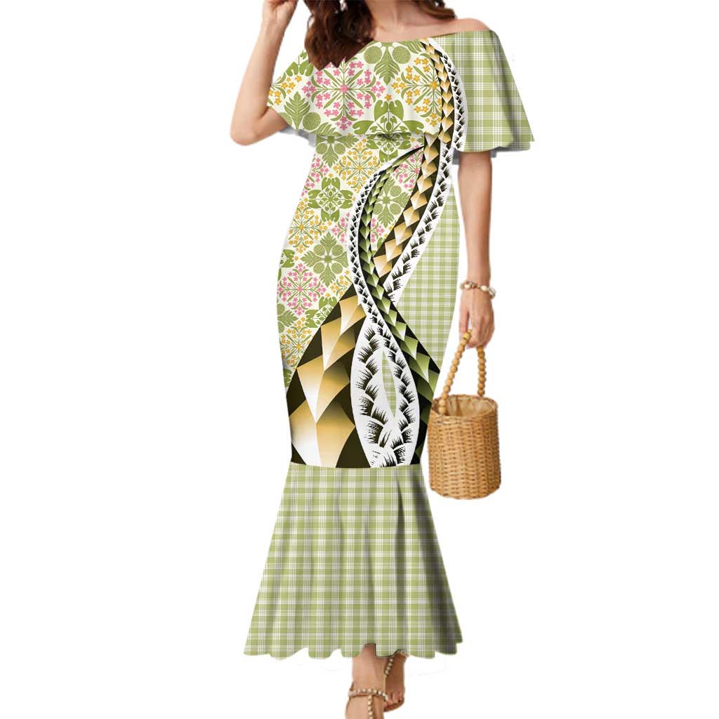 Aloha Vintage Palaka Floral Hawaiian Quilt Family Matching Mermaid Dress and Hawaiian Shirt Omaomao Motif LT9 Mom's Dress Lime - Polynesian Pride