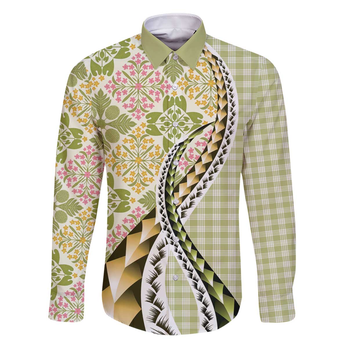 Aloha Vintage Palaka Floral Hawaiian Quilt Family Matching Off The Shoulder Long Sleeve Dress and Hawaiian Shirt Omaomao Motif LT9 Dad's Shirt - Long Sleeve Lime - Polynesian Pride