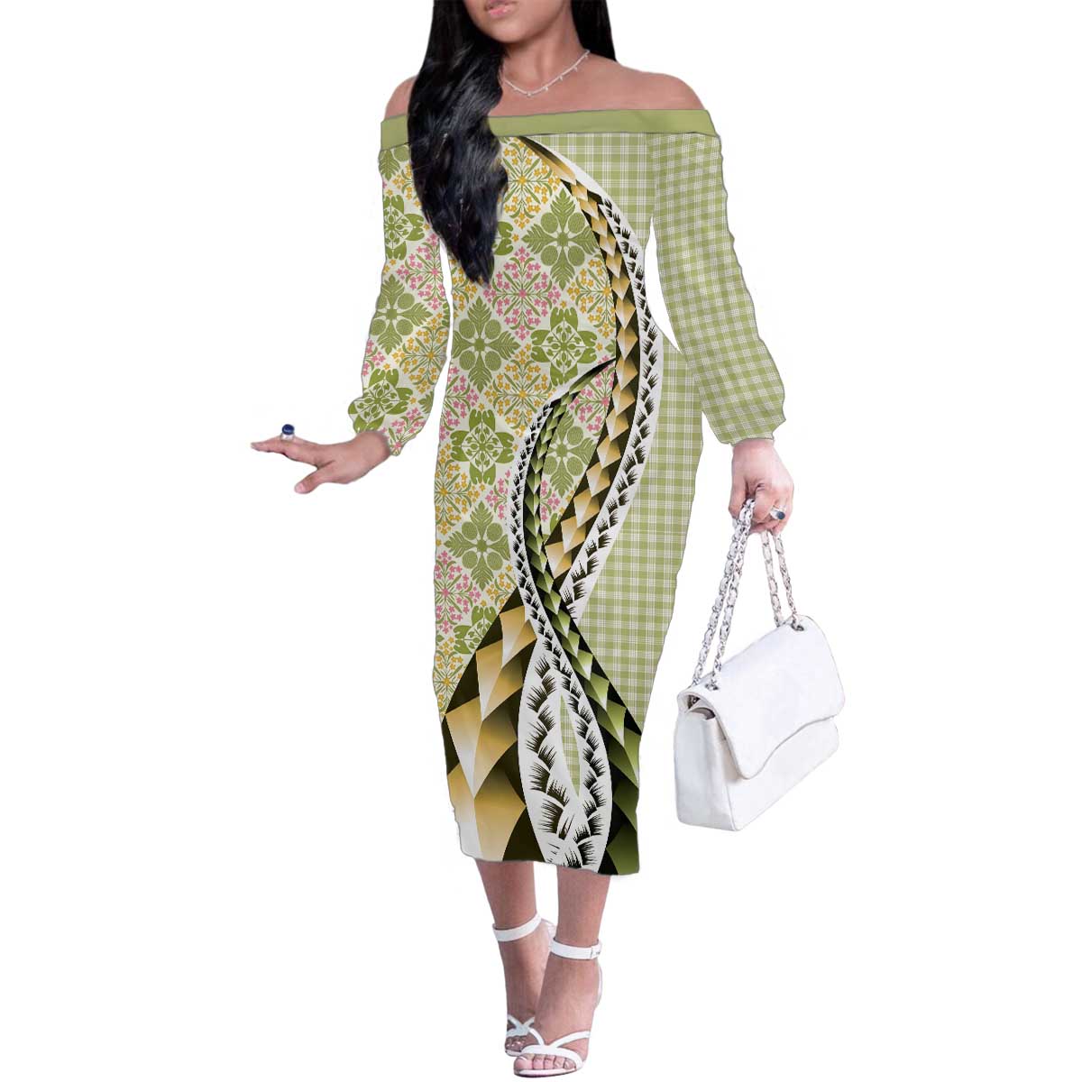 Aloha Vintage Palaka Floral Hawaiian Quilt Family Matching Off The Shoulder Long Sleeve Dress and Hawaiian Shirt Omaomao Motif LT9 Mom's Dress Lime - Polynesian Pride