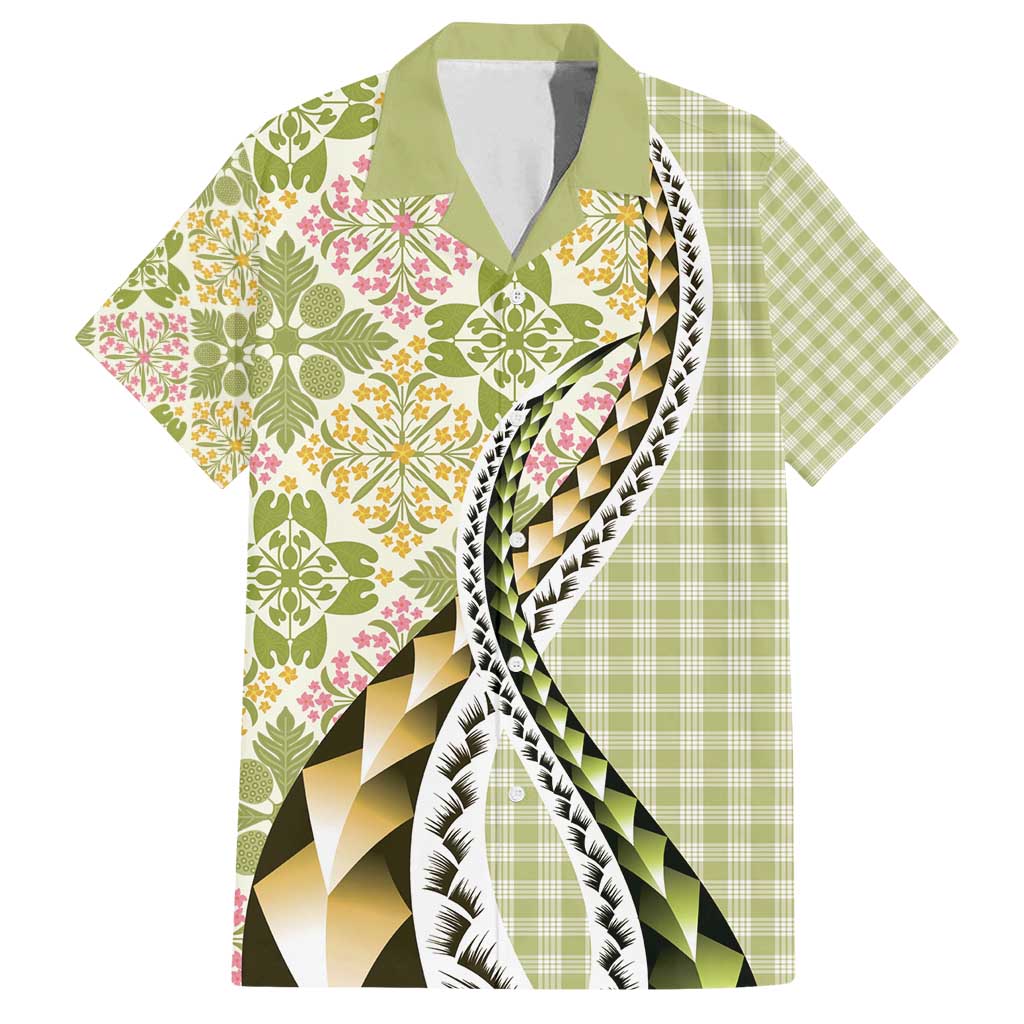 Aloha Vintage Palaka Floral Hawaiian Quilt Family Matching Off Shoulder Maxi Dress and Hawaiian Shirt Omaomao Motif LT9 Dad's Shirt - Short Sleeve Lime - Polynesian Pride