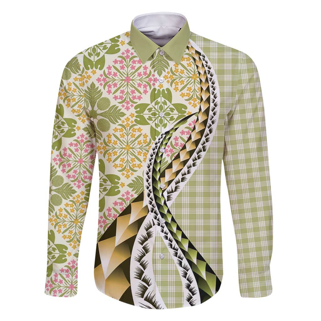 Aloha Vintage Palaka Floral Hawaiian Quilt Family Matching Off Shoulder Maxi Dress and Hawaiian Shirt Omaomao Motif LT9 Dad's Shirt - Long Sleeve Lime - Polynesian Pride