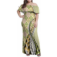 Aloha Vintage Palaka Floral Hawaiian Quilt Family Matching Off Shoulder Maxi Dress and Hawaiian Shirt Omaomao Motif LT9 Mom's Dress Lime - Polynesian Pride