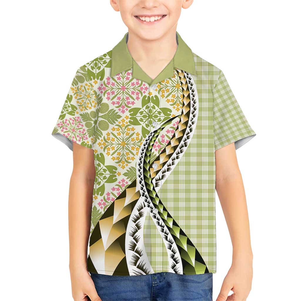 Aloha Vintage Palaka Floral Hawaiian Quilt Family Matching Off Shoulder Maxi Dress and Hawaiian Shirt Omaomao Motif LT9 Son's Shirt Lime - Polynesian Pride