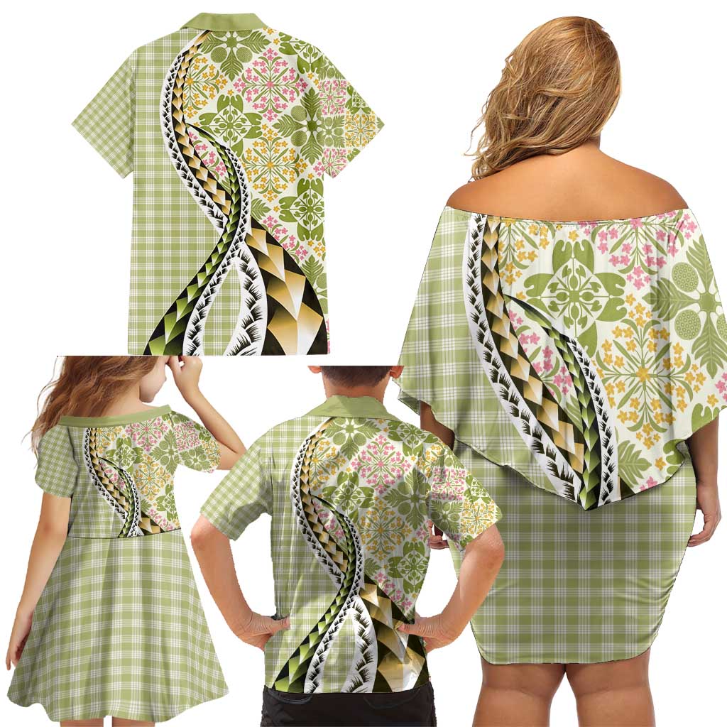 Aloha Vintage Palaka Floral Hawaiian Quilt Family Matching Off Shoulder Short Dress and Hawaiian Shirt Omaomao Motif LT9 - Polynesian Pride
