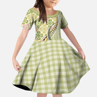 Aloha Vintage Palaka Floral Hawaiian Quilt Family Matching Puletasi and Hawaiian Shirt Omaomao Motif LT9 Daughter's Dress Lime - Polynesian Pride