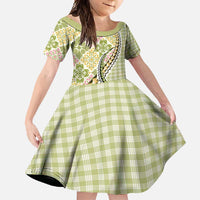 Aloha Vintage Palaka Floral Hawaiian Quilt Family Matching Short Sleeve Bodycon Dress and Hawaiian Shirt Omaomao Motif LT9 Daughter's Dress Lime - Polynesian Pride