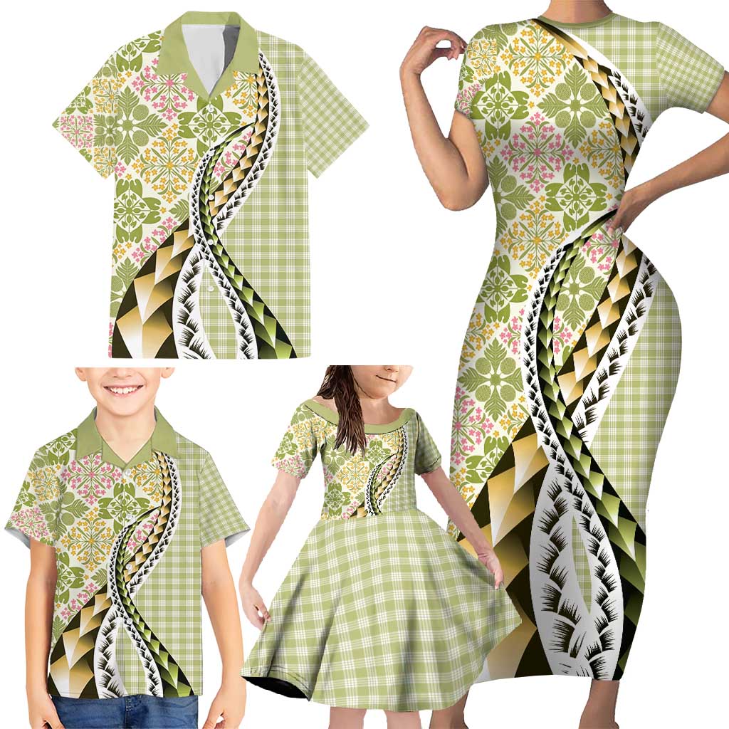 Aloha Vintage Palaka Floral Hawaiian Quilt Family Matching Short Sleeve Bodycon Dress and Hawaiian Shirt Omaomao Motif - Polynesian Pride
