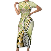 Aloha Vintage Palaka Floral Hawaiian Quilt Family Matching Short Sleeve Bodycon Dress and Hawaiian Shirt Omaomao Motif LT9 Mom's Dress Lime - Polynesian Pride