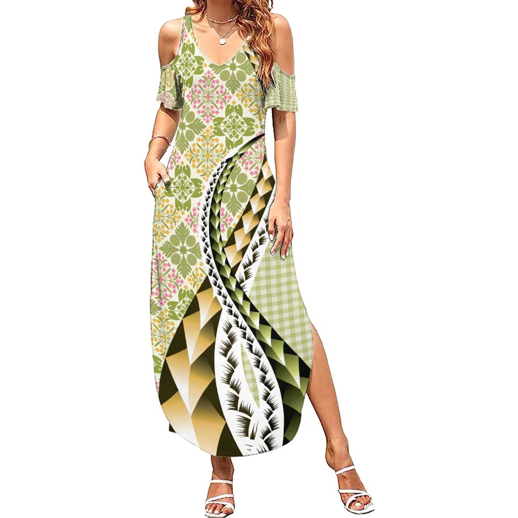 Aloha Vintage Palaka Floral Hawaiian Quilt Family Matching Summer Maxi Dress and Hawaiian Shirt Omaomao Motif LT9 Mom's Dress Lime - Polynesian Pride
