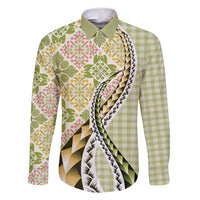 Aloha Vintage Palaka Floral Hawaiian Quilt Family Matching Tank Maxi Dress and Hawaiian Shirt Omaomao Motif LT9 Dad's Shirt - Long Sleeve Lime - Polynesian Pride