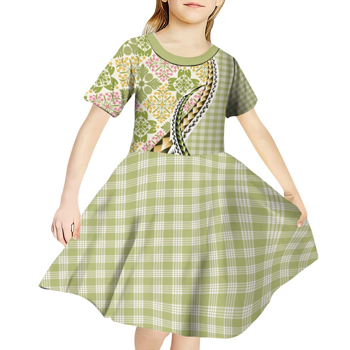 Aloha Vintage Palaka Floral Hawaiian Quilt Kid Short Sleeve Dress Omaomao Motif LT9 - Polynesian Pride