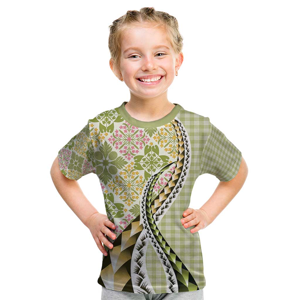 Aloha Vintage Palaka Floral Hawaiian Quilt Kid T Shirt Omaomao Motif LT9 Lime - Polynesian Pride