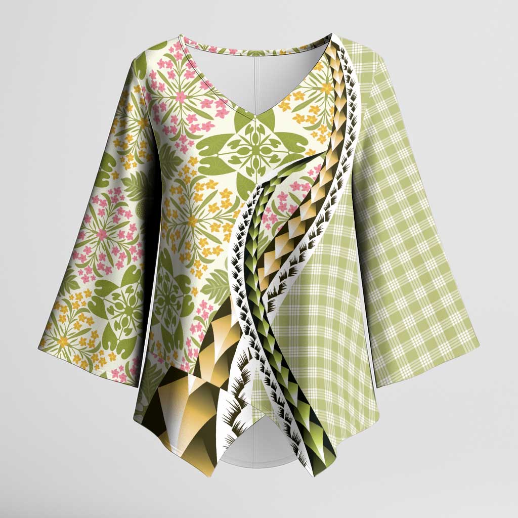 Aloha Vintage Palaka Floral Hawaiian Quilt Kimono Sleeve Blouse Omaomao Motif LT9 Female Lime - Polynesian Pride