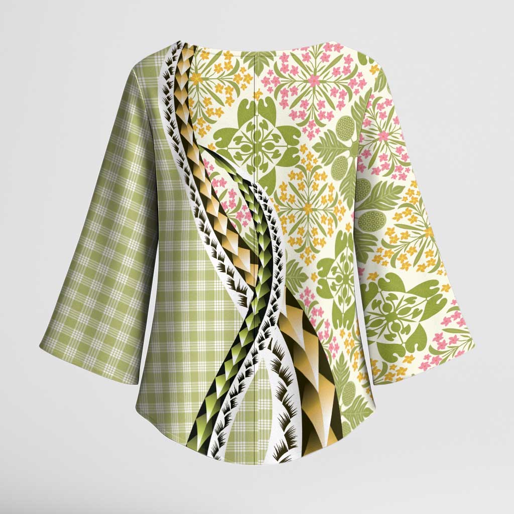 Aloha Vintage Palaka Floral Hawaiian Quilt Kimono Sleeve Blouse Omaomao Motif LT9 - Polynesian Pride