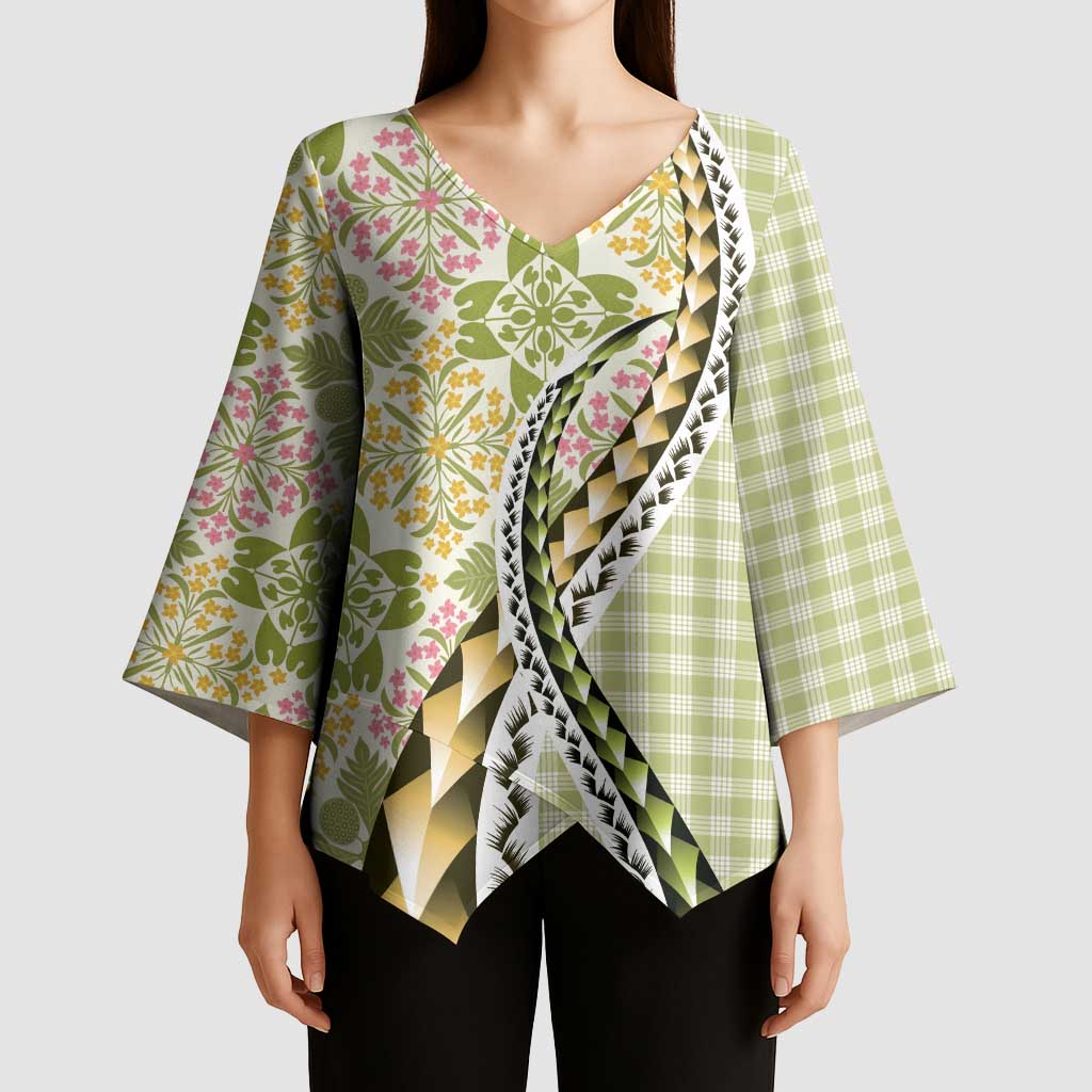 Aloha Vintage Palaka Floral Hawaiian Quilt Kimono Sleeve Blouse Omaomao Motif LT9 - Polynesian Pride