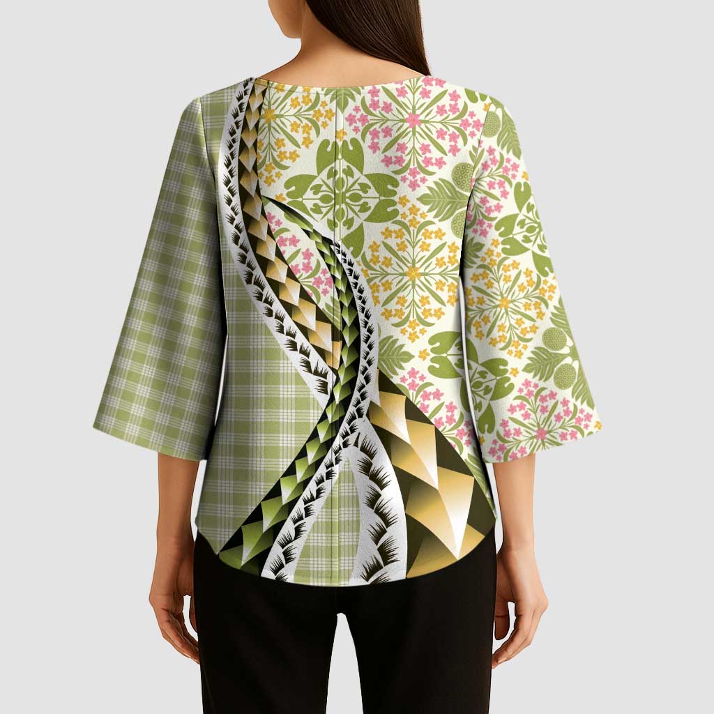 Aloha Vintage Palaka Floral Hawaiian Quilt Kimono Sleeve Blouse Omaomao Motif LT9 - Polynesian Pride