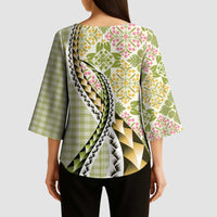 Aloha Vintage Palaka Floral Hawaiian Quilt Kimono Sleeve Blouse Omaomao Motif LT9 - Polynesian Pride