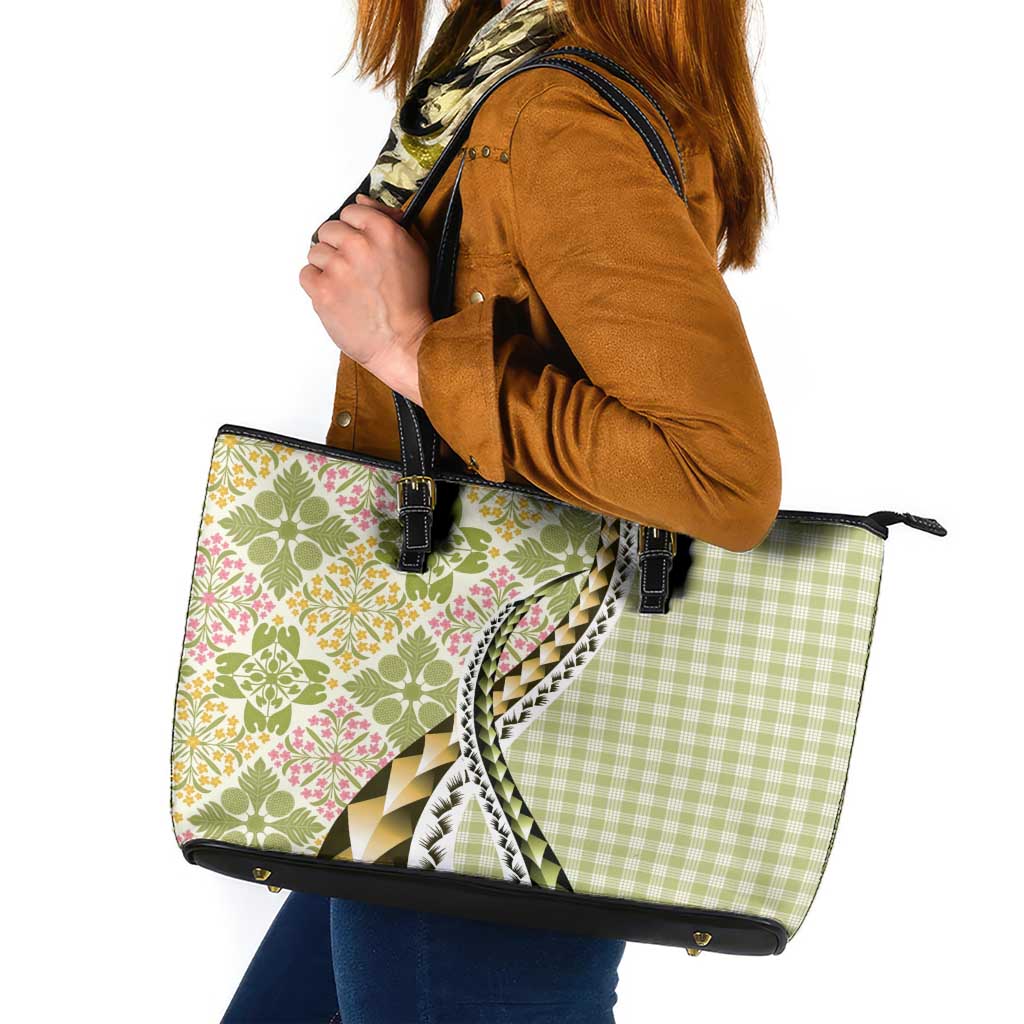 Aloha Vintage Palaka Floral Hawaiian Quilt Leather Tote Bag Omaomao Motif LT9 Lime - Polynesian Pride