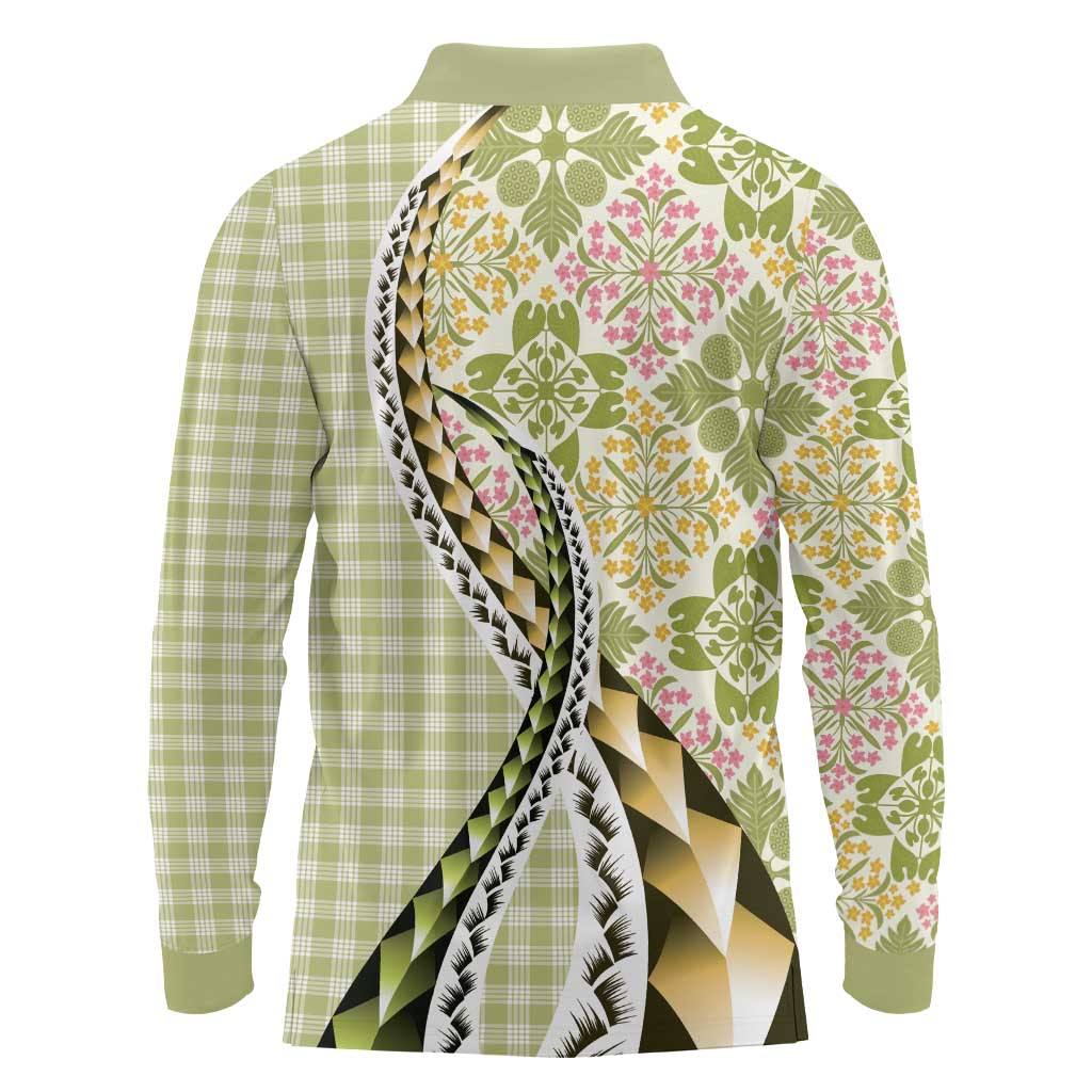 Aloha Vintage Palaka Floral Hawaiian Quilt Long Sleeve Polo Shirt Omaomao Motif LT9 - Polynesian Pride