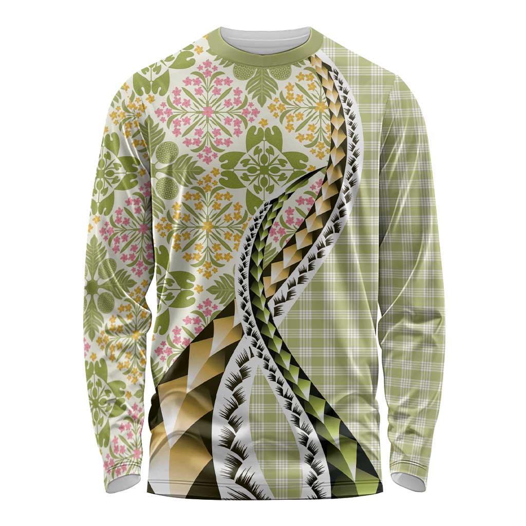 Aloha Vintage Palaka Floral Hawaiian Quilt Long Sleeve Shirt Omaomao Motif LT9 Unisex Lime - Polynesian Pride