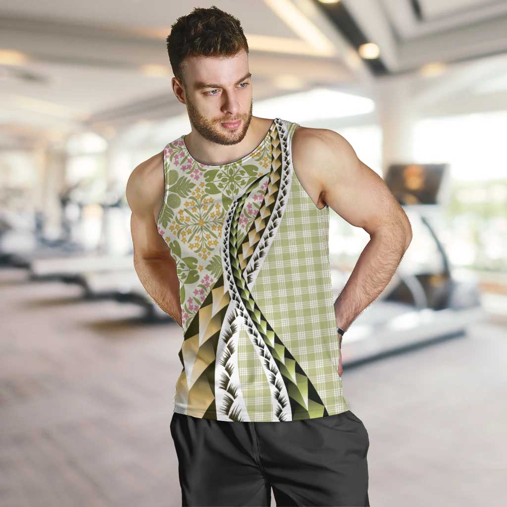 Aloha Vintage Palaka Floral Hawaiian Quilt Men Tank Top Omaomao Motif LT9 Lime - Polynesian Pride