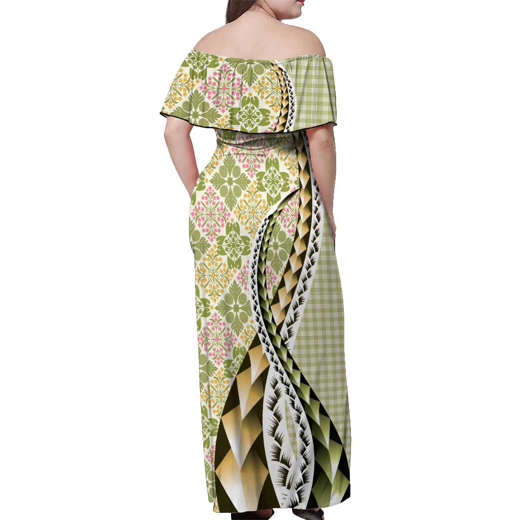 Aloha Vintage Palaka Floral Hawaiian Quilt Off Shoulder Maxi Dress Omaomao Motif LT9 - Polynesian Pride