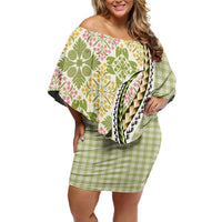 Aloha Vintage Palaka Floral Hawaiian Quilt Off Shoulder Short Dress Omaomao Motif LT9 Women Lime - Polynesian Pride