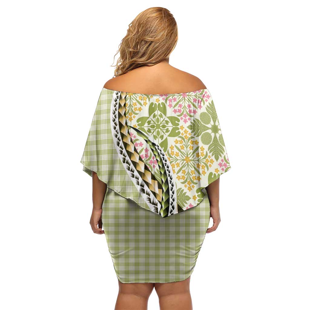 Aloha Vintage Palaka Floral Hawaiian Quilt Off Shoulder Short Dress Omaomao Motif LT9 - Polynesian Pride