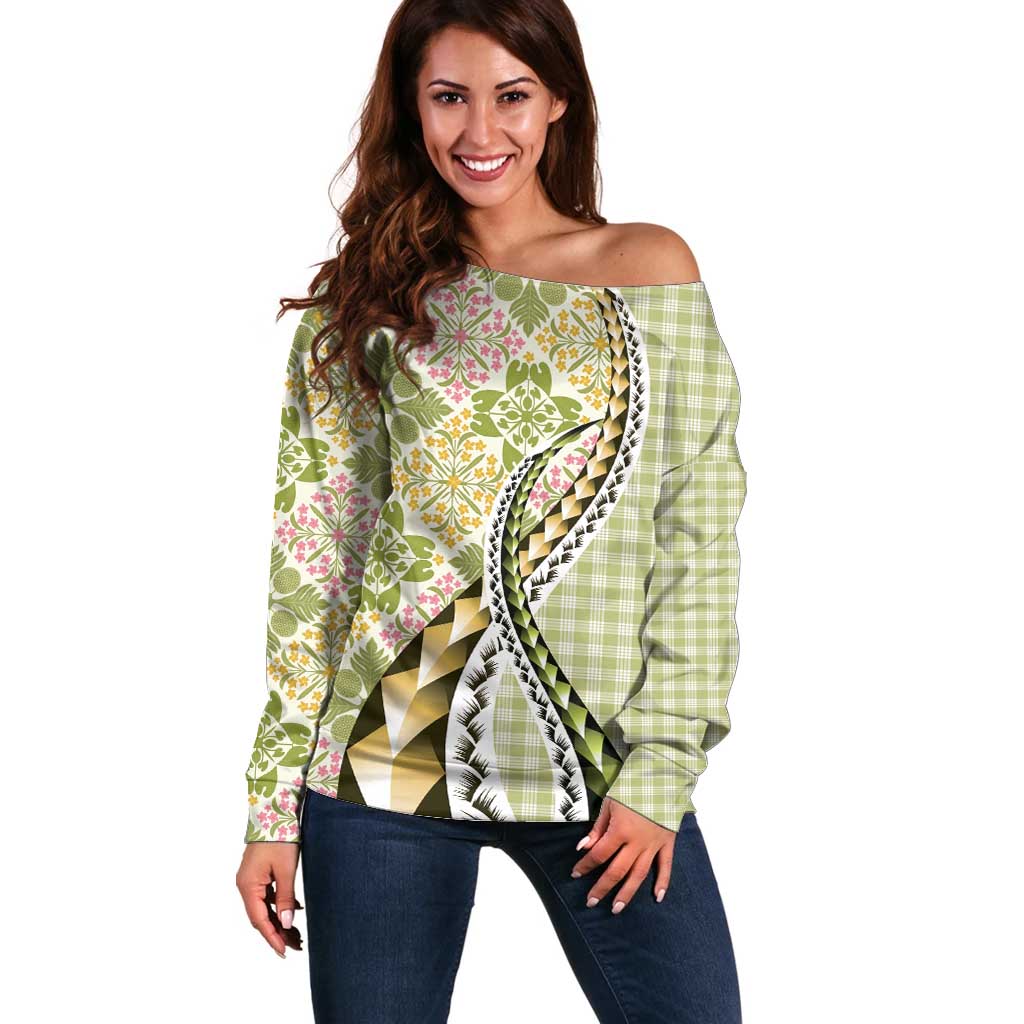 Aloha Vintage Palaka Floral Hawaiian Quilt Off Shoulder Sweater Omaomao Motif - Polynesian Pride