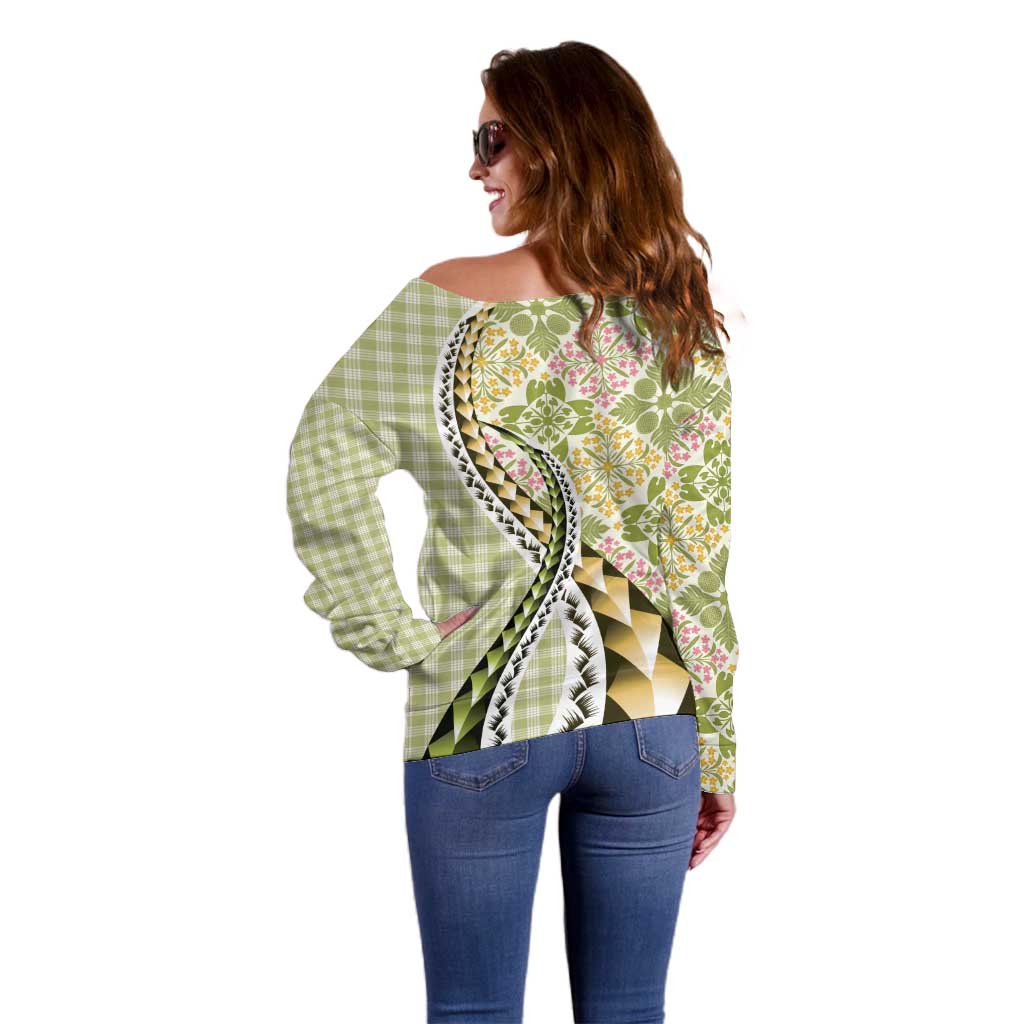 Aloha Vintage Palaka Floral Hawaiian Quilt Off Shoulder Sweater Omaomao Motif - Polynesian Pride