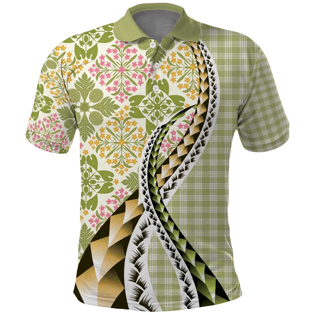 Aloha Vintage Palaka Floral Hawaiian Quilt Polo Shirt Omaomao Motif LT9 Lime - Polynesian Pride