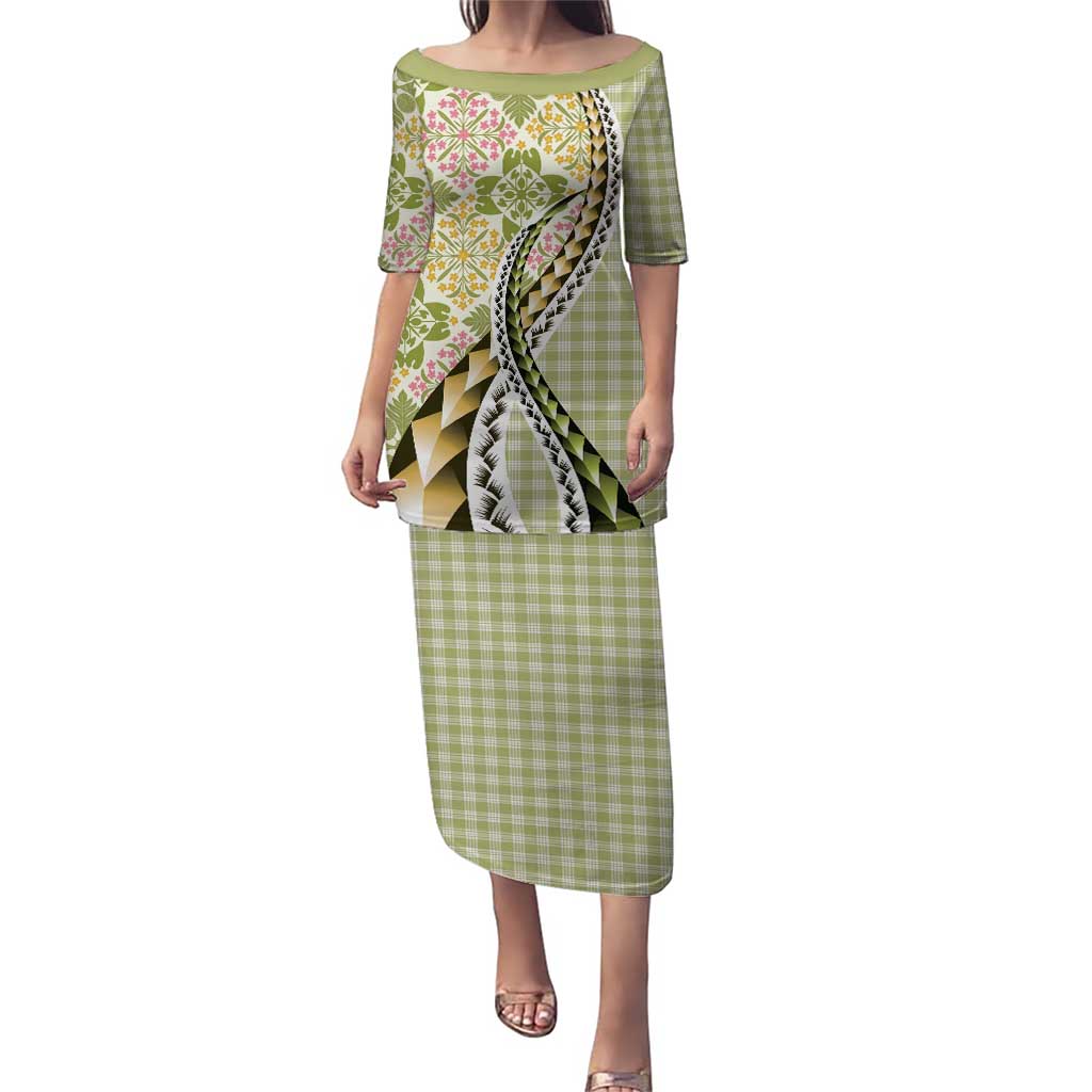 Aloha Vintage Palaka Floral Hawaiian Quilt Puletasi Omaomao Motif LT9 Long Dress Lime - Polynesian Pride