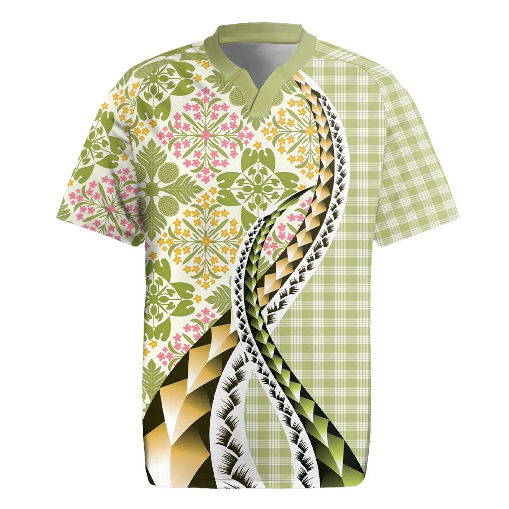Aloha Vintage Palaka Floral Hawaiian Quilt Rugby Jersey Omaomao Motif LT9 Lime - Polynesian Pride