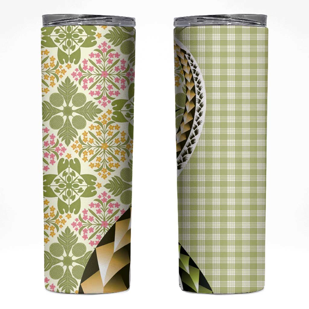 Aloha Vintage Palaka Floral Hawaiian Quilt Skinny Tumbler Omaomao Motif LT9 Lime - Polynesian Pride