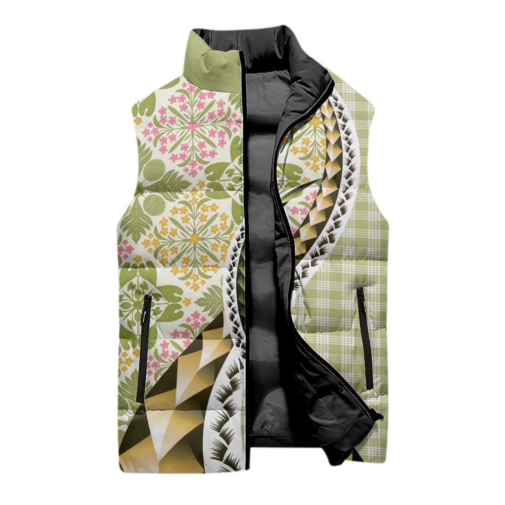 Aloha Vintage Palaka Floral Hawaiian Quilt Sleeveless Puffer Jacket Omaomao Motif - Polynesian Pride