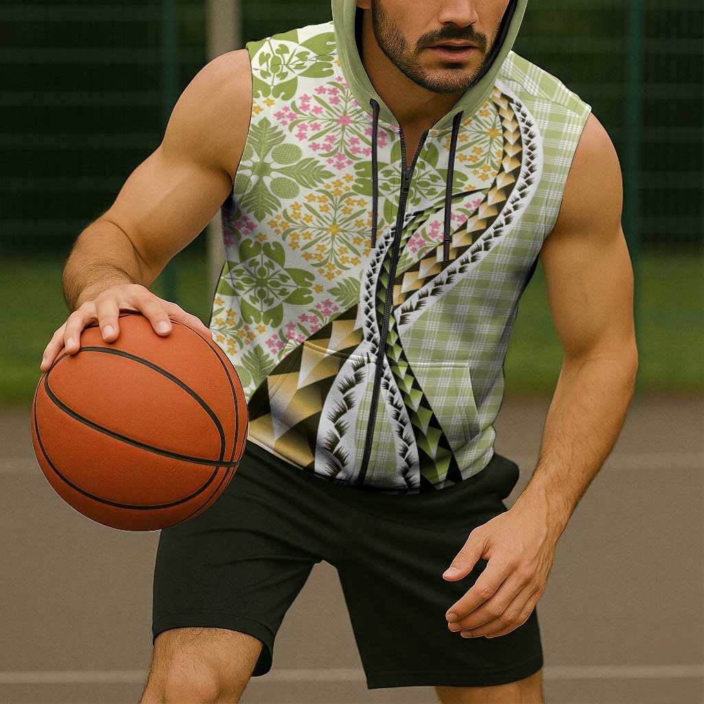 Aloha Vintage Palaka Floral Hawaiian Quilt Sleeveless Zip Hoodie Omaomao Motif LT9 - Polynesian Pride