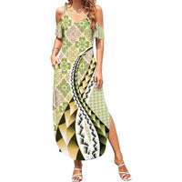 Aloha Vintage Palaka Floral Hawaiian Quilt Summer Maxi Dress Omaomao Motif LT9 Women Lime - Polynesian Pride