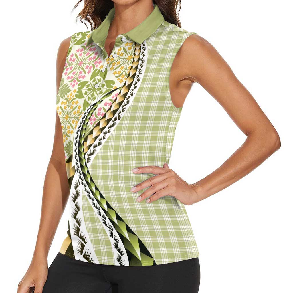 Aloha Vintage Palaka Floral Hawaiian Quilt Women Sleeveless Polo Shirt Omaomao Motif LT9 - Polynesian Pride