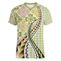 Aloha Vintage Palaka Floral Hawaiian Quilt Women V-Neck T-Shirt Omaomao Motif LT9 Female Lime - Polynesian Pride