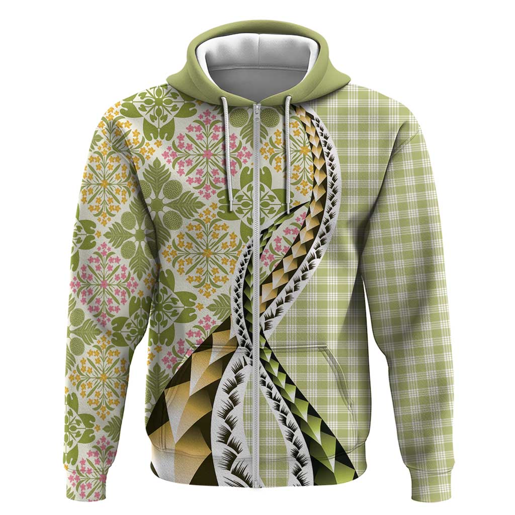 Aloha Vintage Palaka Floral Hawaiian Quilt Zip Hoodie Omaomao Motif LT9 Zip Hoodie Lime - Polynesian Pride