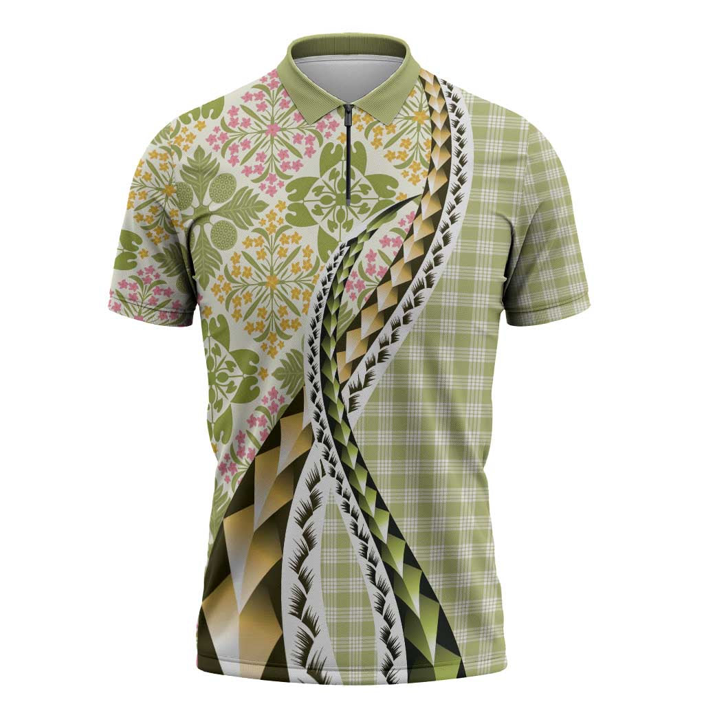 Aloha Vintage Palaka Floral Hawaiian Quilt Zipper Polo Shirt Omaomao Motif LT9 Lime - Polynesian Pride