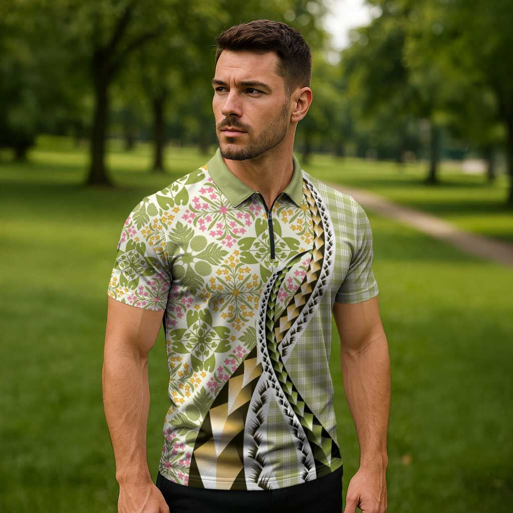 Aloha Vintage Palaka Floral Hawaiian Quilt Zipper Polo Shirt Omaomao Motif LT9 - Polynesian Pride