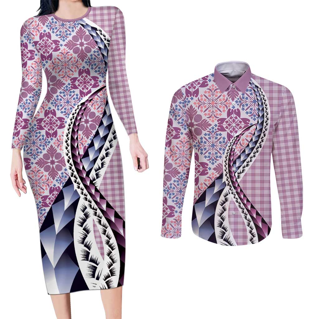 Aloha Vintage Palaka Floral Hawaiian Quilt Couples Matching Long Sleeve Bodycon Dress and Long Sleeve Button Shirt Akala Motif LT9 Pink - Polynesian Pride