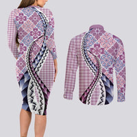 Aloha Vintage Palaka Floral Hawaiian Quilt Couples Matching Long Sleeve Bodycon Dress and Long Sleeve Button Shirt Akala Motif LT9 - Polynesian Pride