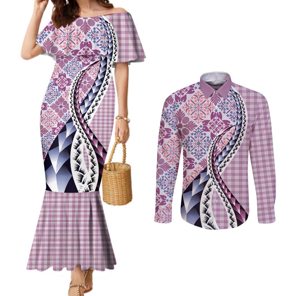 Aloha Vintage Palaka Floral Hawaiian Quilt Couples Matching Mermaid Dress and Long Sleeve Button Shirt Akala Motif - Polynesian Pride