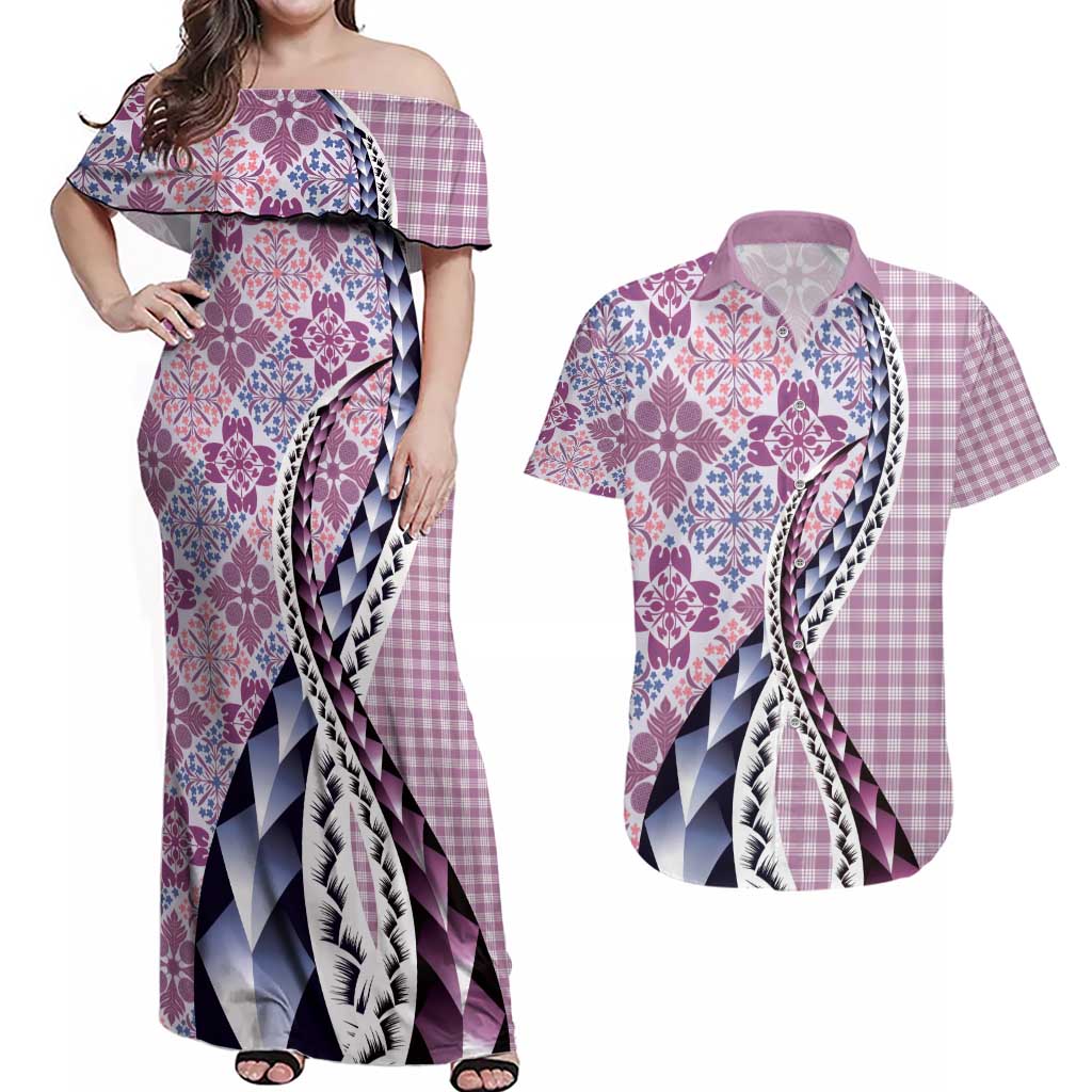 Aloha Vintage Palaka Floral Hawaiian Quilt Couples Matching Off Shoulder Maxi Dress and Hawaiian Shirt Akala Motif LT9 Pink - Polynesian Pride