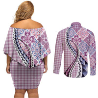 Aloha Vintage Palaka Floral Hawaiian Quilt Couples Matching Off Shoulder Short Dress and Long Sleeve Button Shirt Akala Motif LT9 - Polynesian Pride
